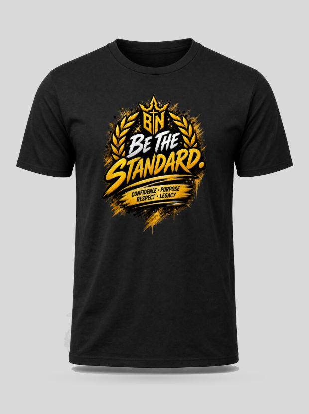 Front view of a black Cotton shirt printed with the Be The Standard design.