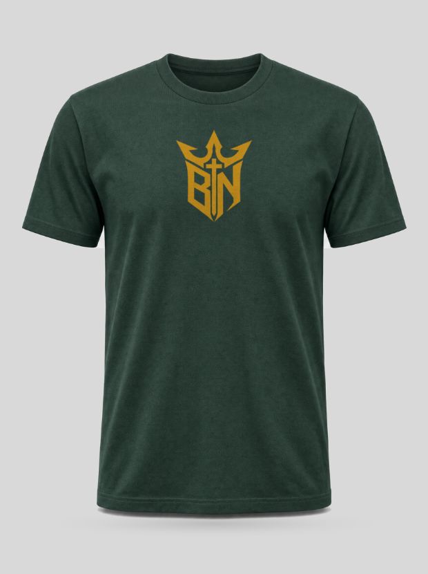 Front view of a green Cotton shirt printed with the BN Core Logo design.
