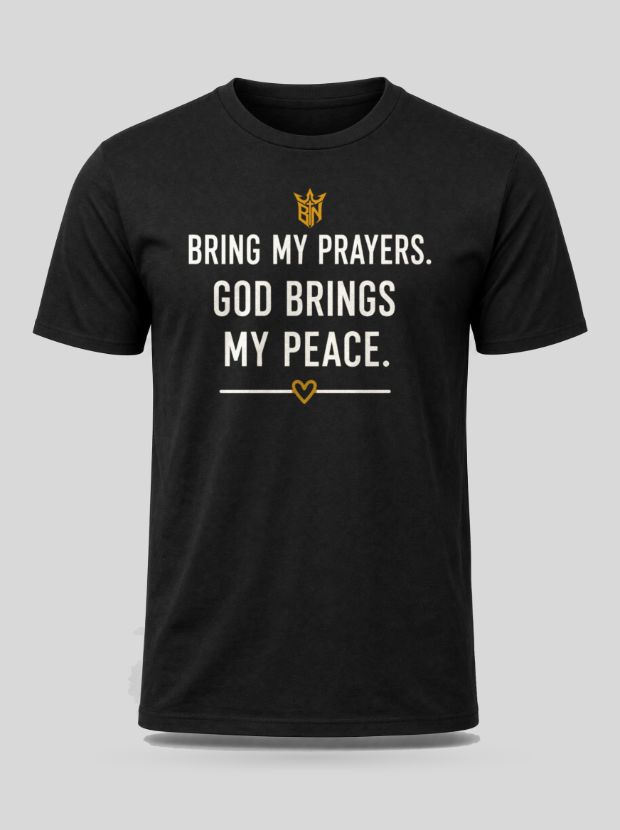 Front view of a black Cotton shirt printed with the Bring My Prayers. God Brings My Peace. design.