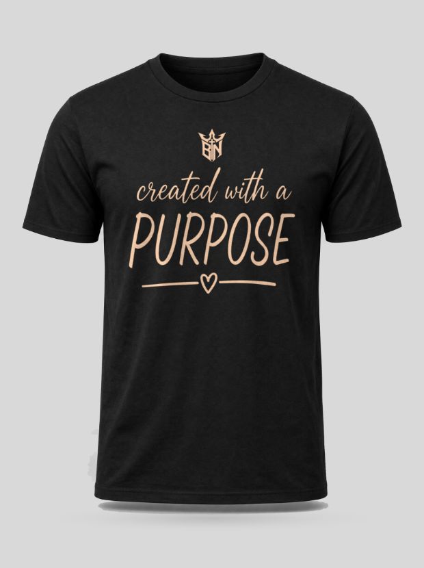 Front view of a black Cotton shirt printed with the Created With A Purpose design.