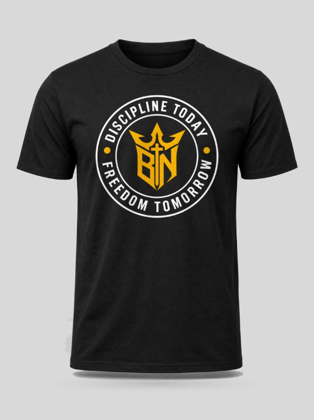 Front view of a black Cotton shirt printed with the Discipline Today. Freedom Tomorrow. — Badge design.