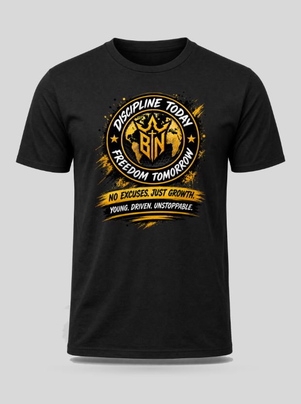 Front view of a black Cotton shirt printed with the Discipline Today. Freedom Tomorrow. — Illustrated design.
