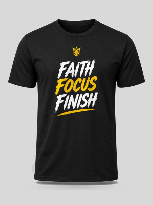 Front view of a black Cotton shirt printed with the Faith. Focus. Finish. design.