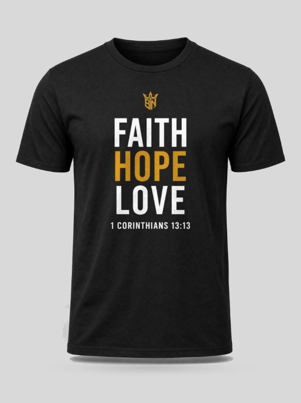 Front view of a black Cotton shirt printed with the Faith Hope Love design.