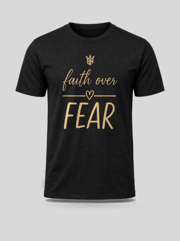 Front view of a black Cotton shirt printed with the Faith Over Fear design.