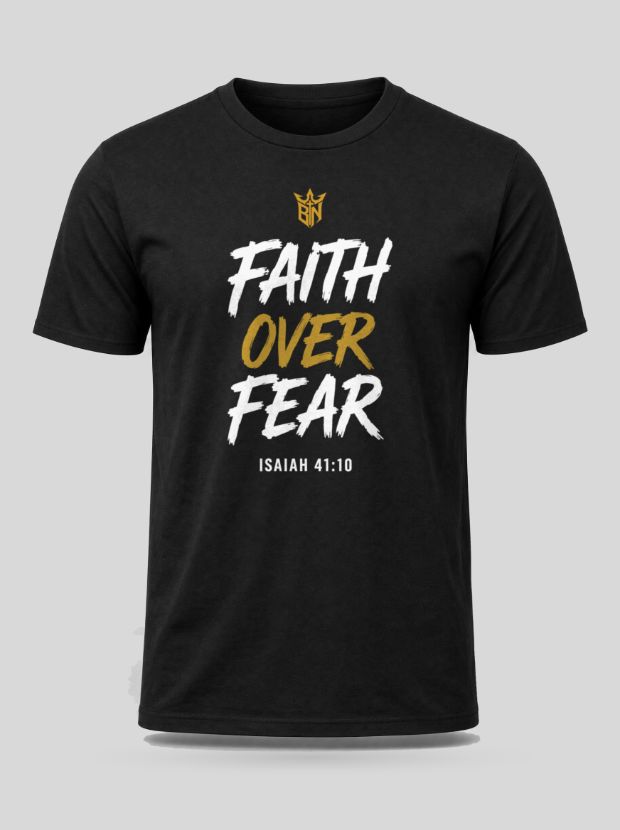 Front view of a black Cotton shirt printed with the Faith Over Fear — Isaiah 41:10 design.