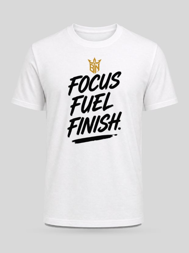 Front view of a white Cotton shirt printed with the Focus. Fuel. Finish. design.
