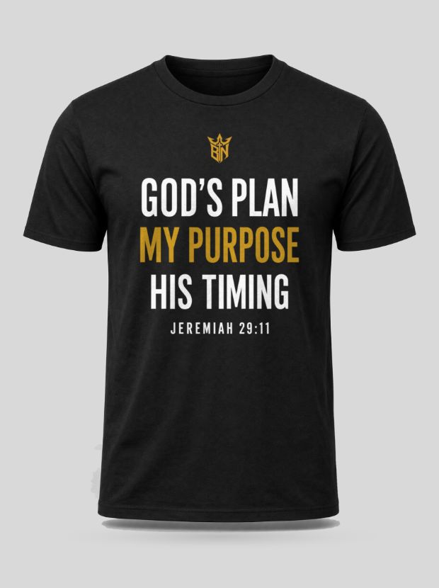 Front view of a black Cotton shirt printed with the God's Plan. My Purpose. His Timing. design.