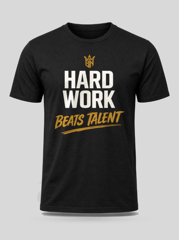 Front view of a black Cotton shirt printed with the Hard Work Beats Talent design.