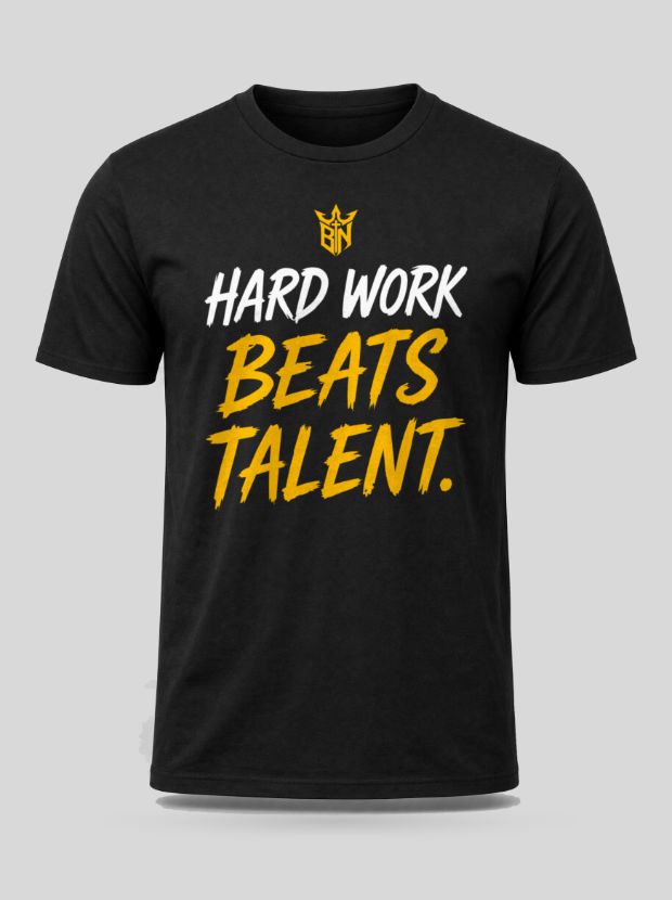 Front view of a black Cotton shirt printed with the Hard Work Beats Talent. — Brush design.