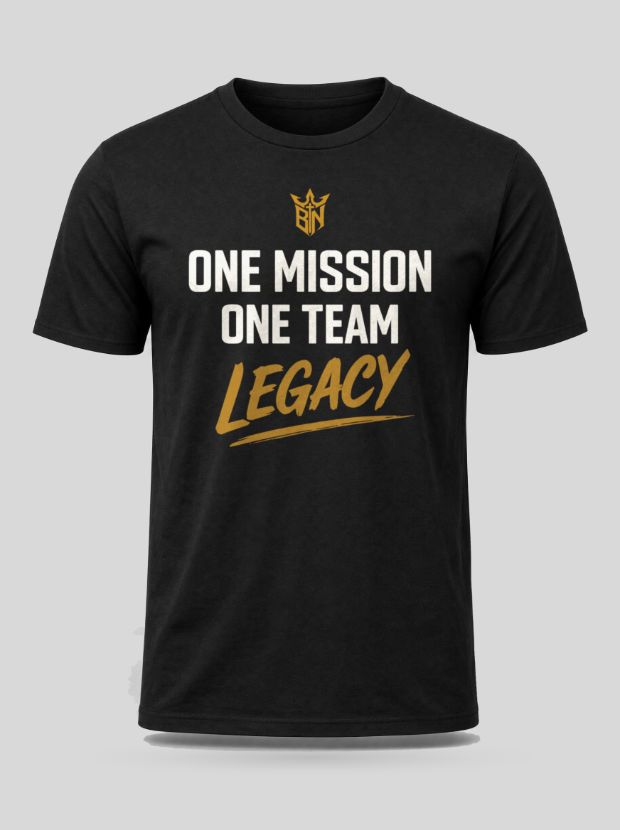 Front view of a black Cotton shirt printed with the One Mission. One Team. Legacy. design.