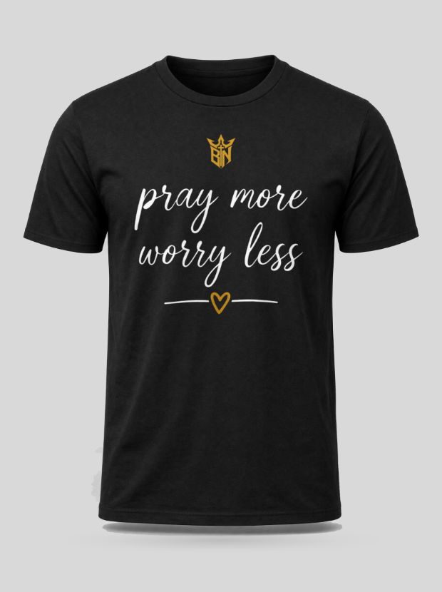 Front view of a black Cotton shirt printed with the Pray More Worry Less — Script design.