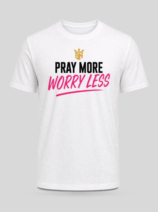 Front view of a white Cotton shirt printed with the Pray More. Worry Less. design.