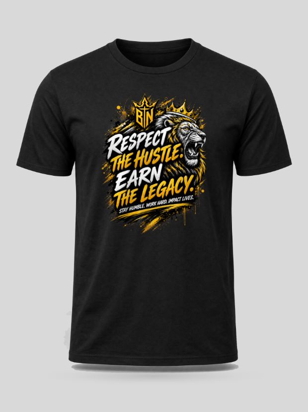 Front view of a black Cotton shirt printed with the Respect The Hustle Lion design.