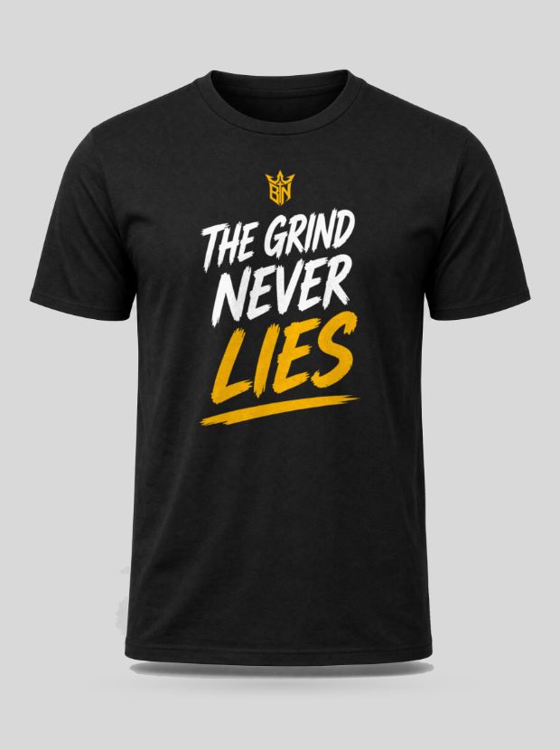 Front view of a black Cotton shirt printed with the The Grind Never Lies design.