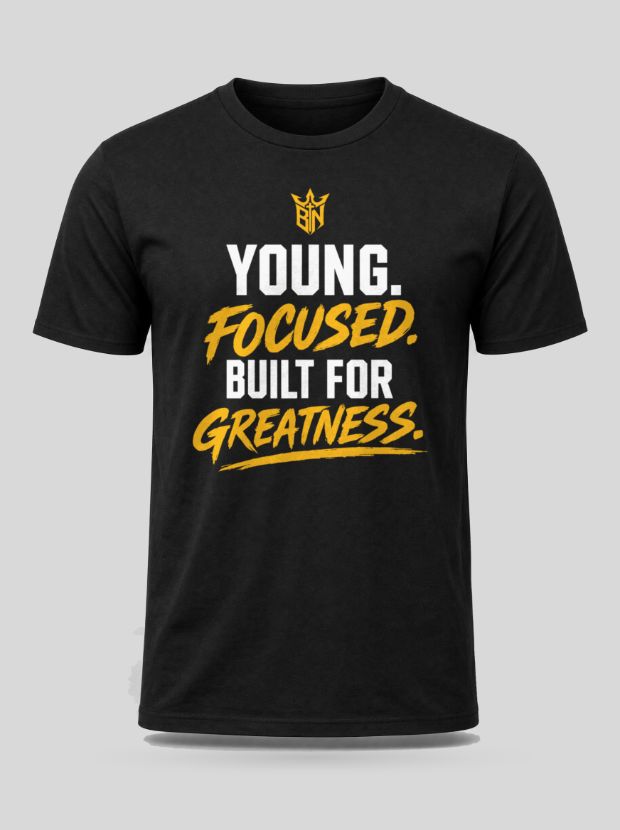 Front view of a black Cotton shirt printed with the Young. Focused. Built For Greatness. design.
